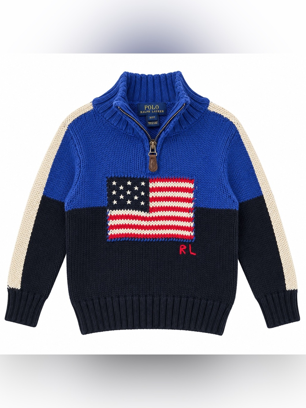 Polo Ralph Lauren Boys 3T American Flag Quarter Zip Cotton Wool Sweater